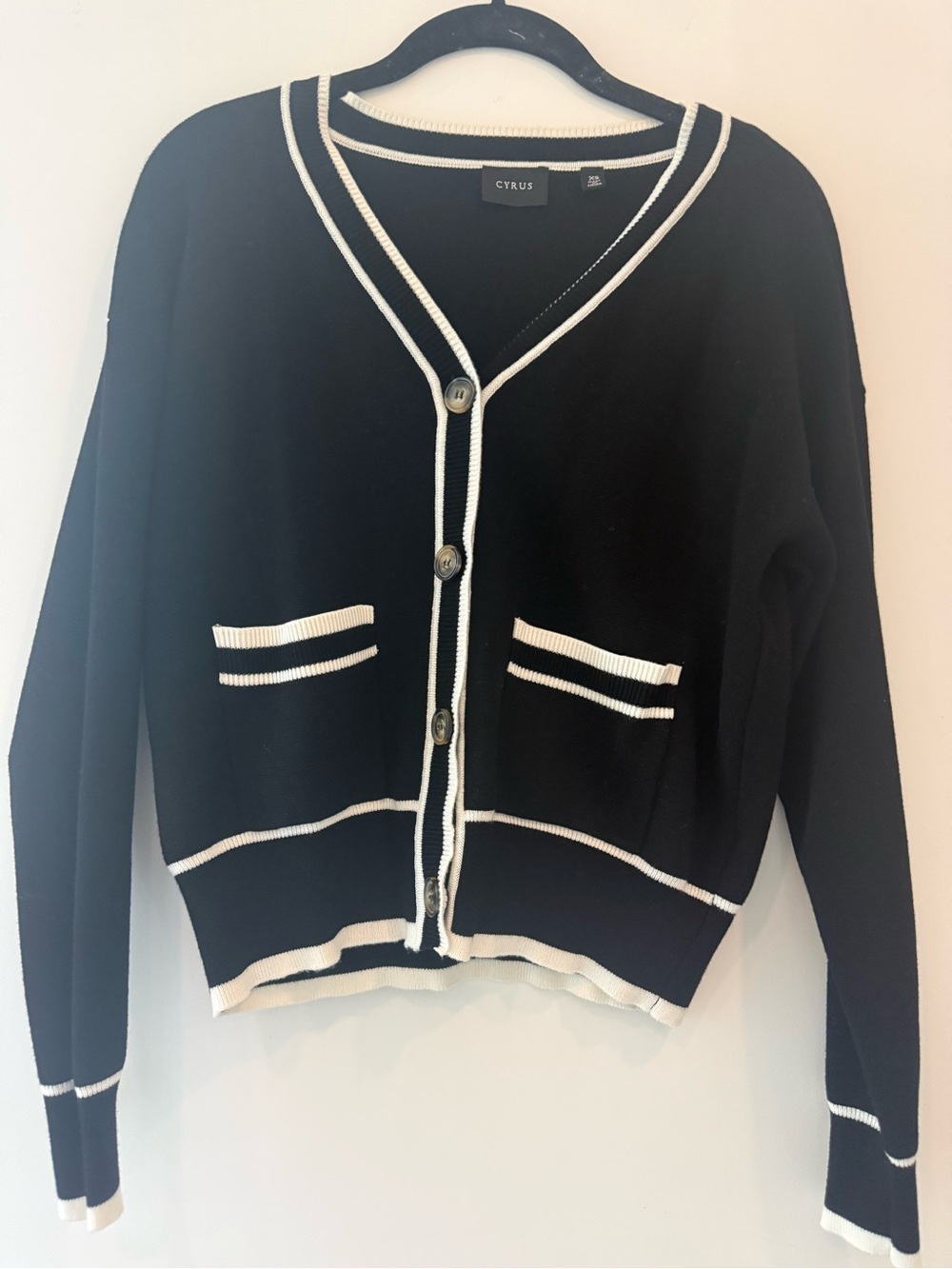 Cyrus Black Cardigan with White Trim